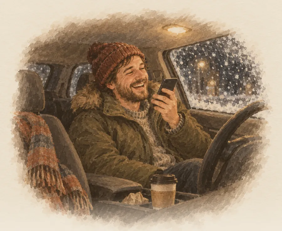 Jonas sitter i bilen en snöig kväll och spelar in sin hälsning med telefonen